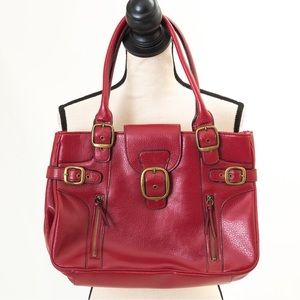 Vegan leather red handbag with grain look, 2 handles, and gold buckle accent